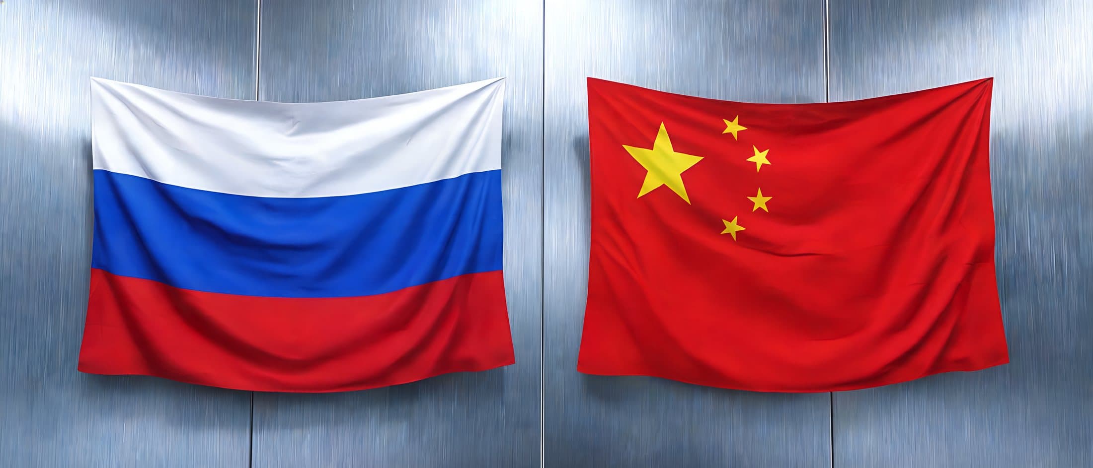 Флаги России и Китая на фоне нержавеющего металла